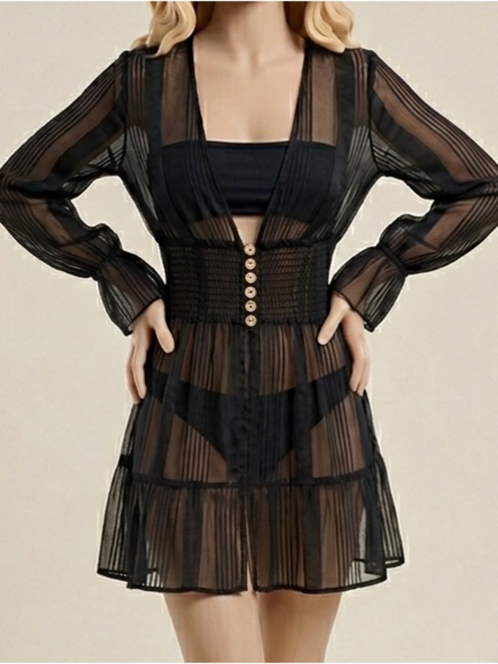 Sheer Button-Detail Mesh Beach Cover up